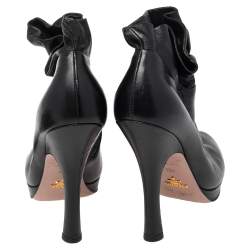 Pre Owned Prada Black Leather Ruffle Detail Platform Ankle Length Booties Size EU 36.5