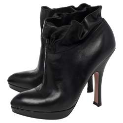 Pre Owned Prada Black Leather Ruffle Detail Platform Ankle Length Booties Size EU 36.5