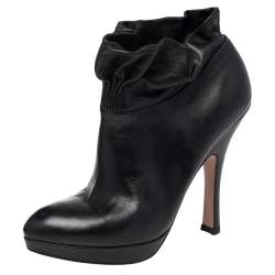 Pre Owned Prada Black Leather Ruffle Detail Platform Ankle Length Booties Size EU 36.5
