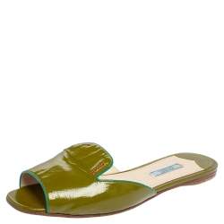 Pre Owned Prada Green Patent Leather Flat Slides Size 39.5