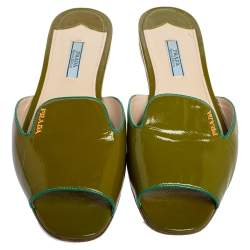 Pre Owned Prada Green Patent Leather Flat Slides Size 39.5