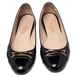 Pre Owned Prada Black Patent Leather Logo Bit Ballet Flats Size 38.5