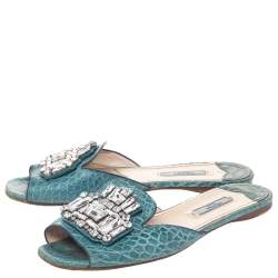 Pre Owned Prada Aqua Blue Croc Embossed Leather Crystal Embellished Flat Slide Sandals Size 38.5