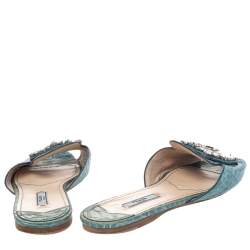 Pre Owned Prada Aqua Blue Croc Embossed Leather Crystal Embellished Flat Slide Sandals Size 38.5