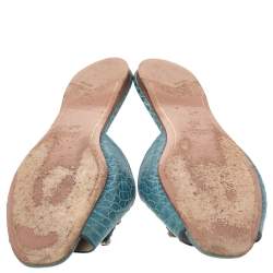 Pre Owned Prada Aqua Blue Croc Embossed Leather Crystal Embellished Flat Slide Sandals Size 38.5