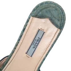 Pre Owned Prada Aqua Blue Croc Embossed Leather Crystal Embellished Flat Slide Sandals Size 38.5