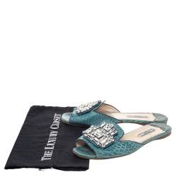 Pre Owned Prada Aqua Blue Croc Embossed Leather Crystal Embellished Flat Slide Sandals Size 38.5