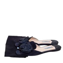 Pre Owned Prada Navy Blue Suede Bow Embellished Slide Flats Size 37.5