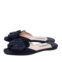 Pre Owned Prada Navy Blue Suede Bow Embellished Slide Flats Size 37.5
