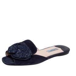Pre Owned Prada Navy Blue Suede Bow Embellished Slide Flats Size 37.5
