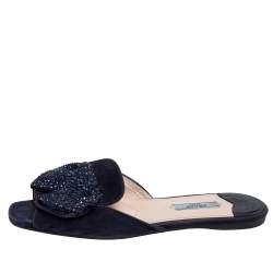 Pre Owned Prada Navy Blue Suede Bow Embellished Slide Flats Size 37.5