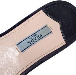 Pre Owned Prada Navy Blue Suede Bow Embellished Slide Flats Size 37.5