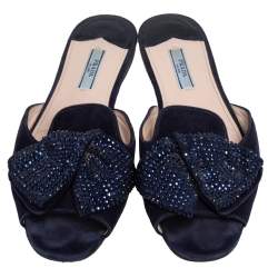 Pre Owned Prada Navy Blue Suede Bow Embellished Slide Flats Size 37.5