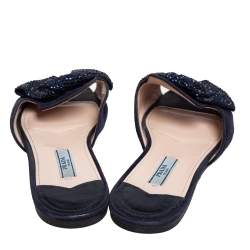 Pre Owned Prada Navy Blue Suede Bow Embellished Slide Flats Size 37.5