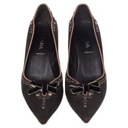 Pre Owned Prada Brown Nubuck Leather Studded Pointed Toe Pumps Size 37.5