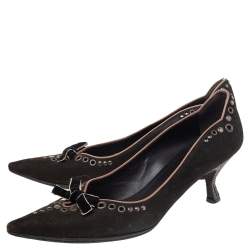 Pre Owned Prada Brown Nubuck Leather Studded Pointed Toe Pumps Size 37.5