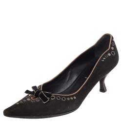 Pre Owned Prada Brown Nubuck Leather Studded Pointed Toe Pumps Size 37.5