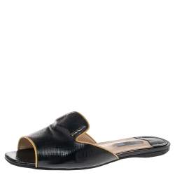 Pre Owned Prada Navy Blue/Yellow Saffiano Patent Leather Slide Flats Size 36.5