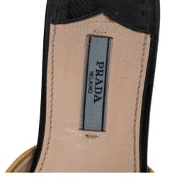 Pre Owned Prada Navy Blue/Yellow Saffiano Patent Leather Slide Flats Size 36.5