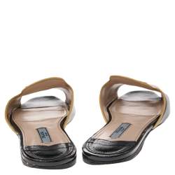 Pre Owned Prada Navy Blue/Yellow Saffiano Patent Leather Slide Flats Size 36.5