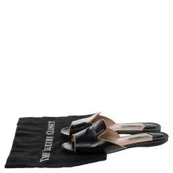 Pre Owned Prada Navy Blue/Yellow Saffiano Patent Leather Slide Flats Size 36.5