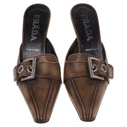 Prada Brown Leather Buckle Mule Sandals Size 36.5