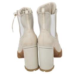 Pre Owned Prada Vanilla Leather and Neoprene Lace Up Combat Platform Boots Size 39