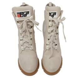 Pre Owned Prada Vanilla Leather and Neoprene Lace Up Combat Platform Boots Size 39