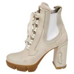 Pre Owned Prada Vanilla Leather and Neoprene Lace Up Combat Platform Boots Size 39