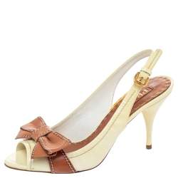 Prada Cream/Brown Leather Bow Peep Toe Slingback Sandals Size 37.5