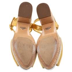 Pre Owned Prada Gold Leather Platform Cork Block Heel Ankle Strap Sandals Size 38.5