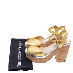 Pre Owned Prada Gold Leather Platform Cork Block Heel Ankle Strap Sandals Size 38.5