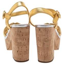 Pre Owned Prada Gold Leather Platform Cork Block Heel Ankle Strap Sandals Size 38.5