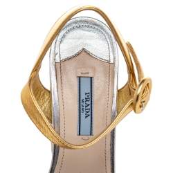 Pre Owned Prada Gold Leather Platform Cork Block Heel Ankle Strap Sandals Size 38.5