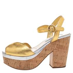 Pre Owned Prada Gold Leather Platform Cork Block Heel Ankle Strap Sandals Size 38.5