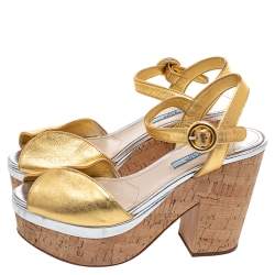 Pre Owned Prada Gold Leather Platform Cork Block Heel Ankle Strap Sandals Size 38.5