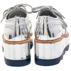 Pre Owned Prada Metallic Silver Brogue Leather Wave Wingtip Platform Derby Size 37