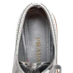 Pre Owned Prada Metallic Silver Brogue Leather Wave Wingtip Platform Derby Size 37