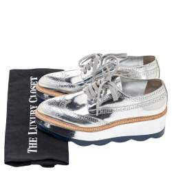 Pre Owned Prada Metallic Silver Brogue Leather Wave Wingtip Platform Derby Size 37