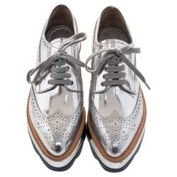 Pre Owned Prada Metallic Silver Brogue Leather Wave Wingtip Platform Derby Size 37
