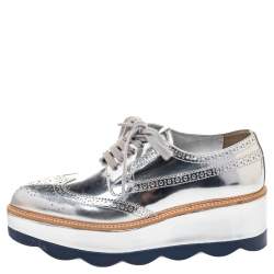 Pre Owned Prada Metallic Silver Brogue Leather Wave Wingtip Platform Derby Size 37