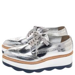 Pre Owned Prada Metallic Silver Brogue Leather Wave Wingtip Platform Derby Size 37