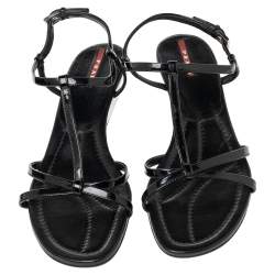 Pre Owned Prada Black Patent Leather Open Toe T Strap Sandals Size 40