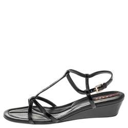 Pre Owned Prada Black Patent Leather Open Toe T Strap Sandals Size 40