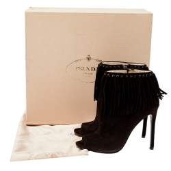 Pre Owned Prada Brown Suede Fringe Detail Peep Toe Ankle Boots Size 37