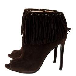 Pre Owned Prada Brown Suede Fringe Detail Peep Toe Ankle Boots Size 37