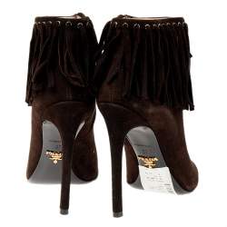 Pre Owned Prada Brown Suede Fringe Detail Peep Toe Ankle Boots Size 37