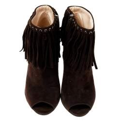 Pre Owned Prada Brown Suede Fringe Detail Peep Toe Ankle Boots Size 37