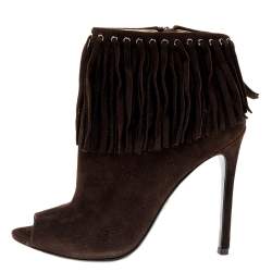 Pre Owned Prada Brown Suede Fringe Detail Peep Toe Ankle Boots Size 37