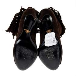 Pre Owned Prada Brown Suede Fringe Detail Peep Toe Ankle Boots Size 37
